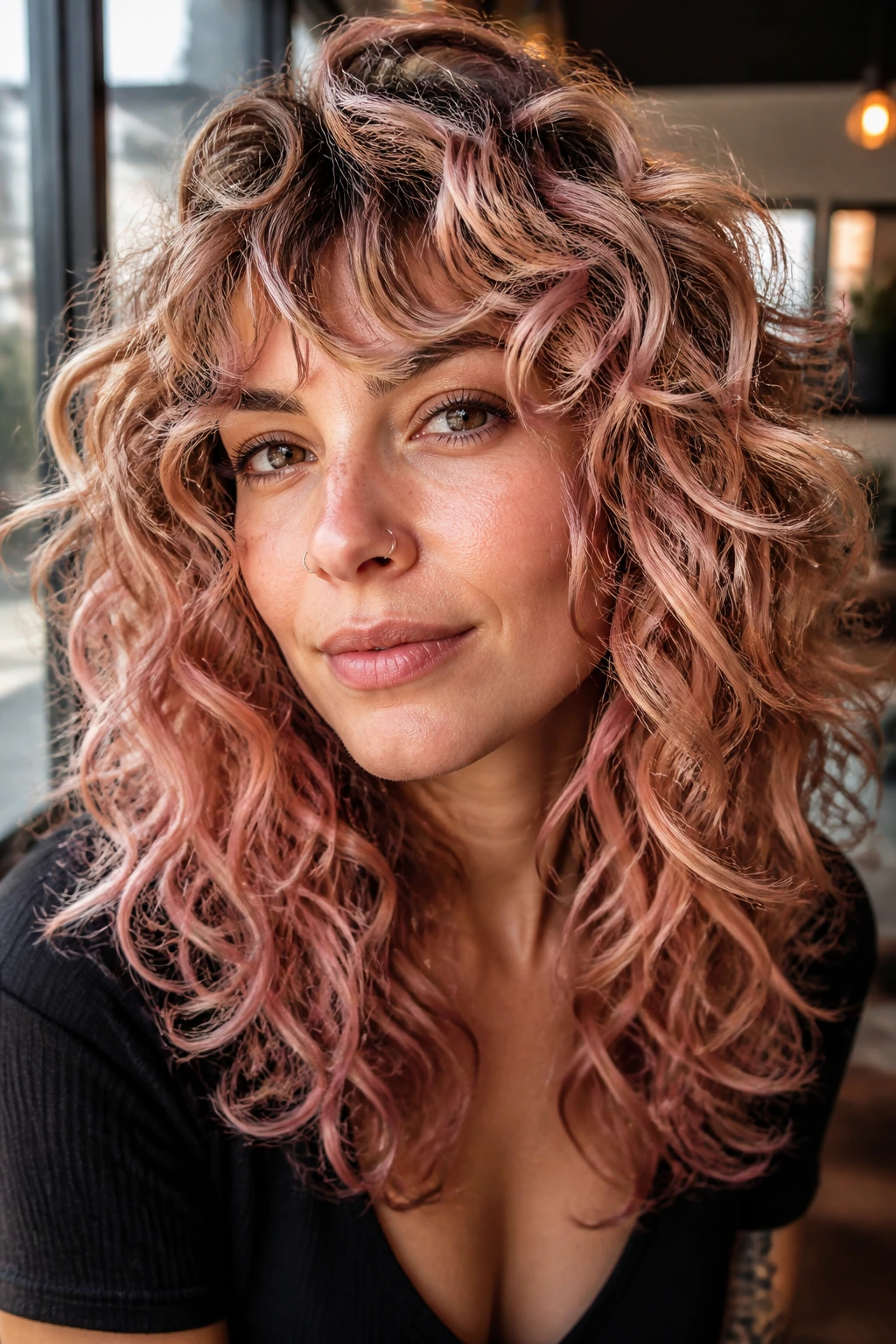 Shag haircut with dimensional rose-gold tones and layered curls