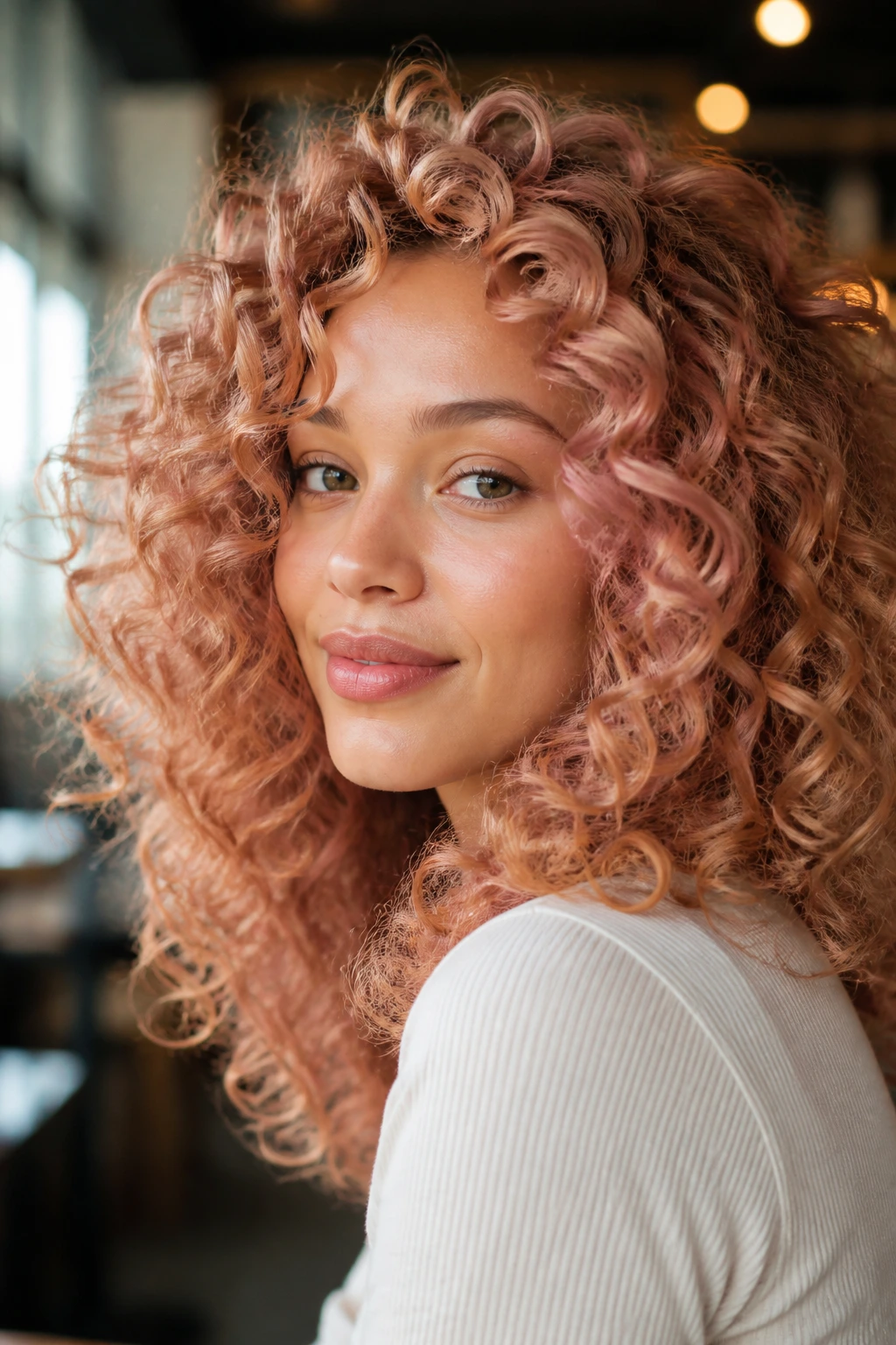 Close-up of a real person with rose gold tinted curls in natural light