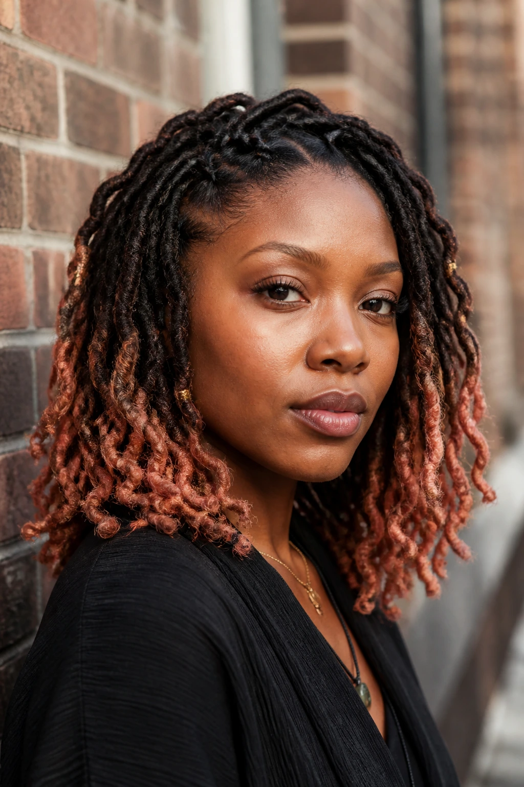 Locs with rose-gold tipped ends in urban sunlight