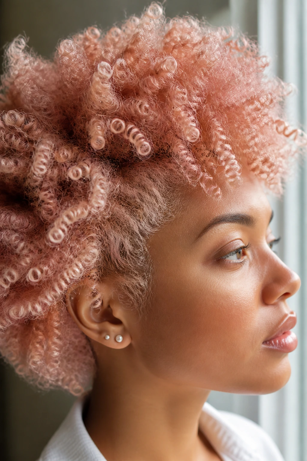 Close-up of a bleached afro with rose gold toner in natural window light