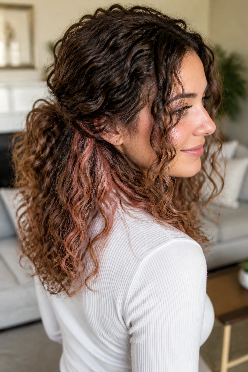 Portrait of a woman with rose gold underlights peeking through curls