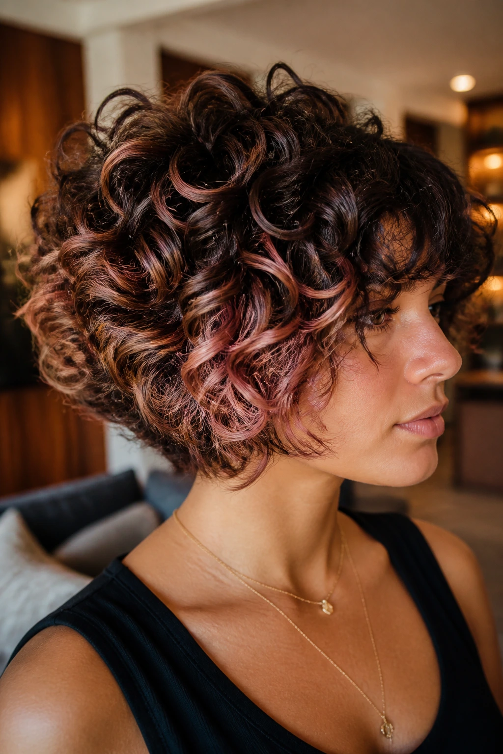 Close-up of a real person with curly wedge cut and rose gold highlights