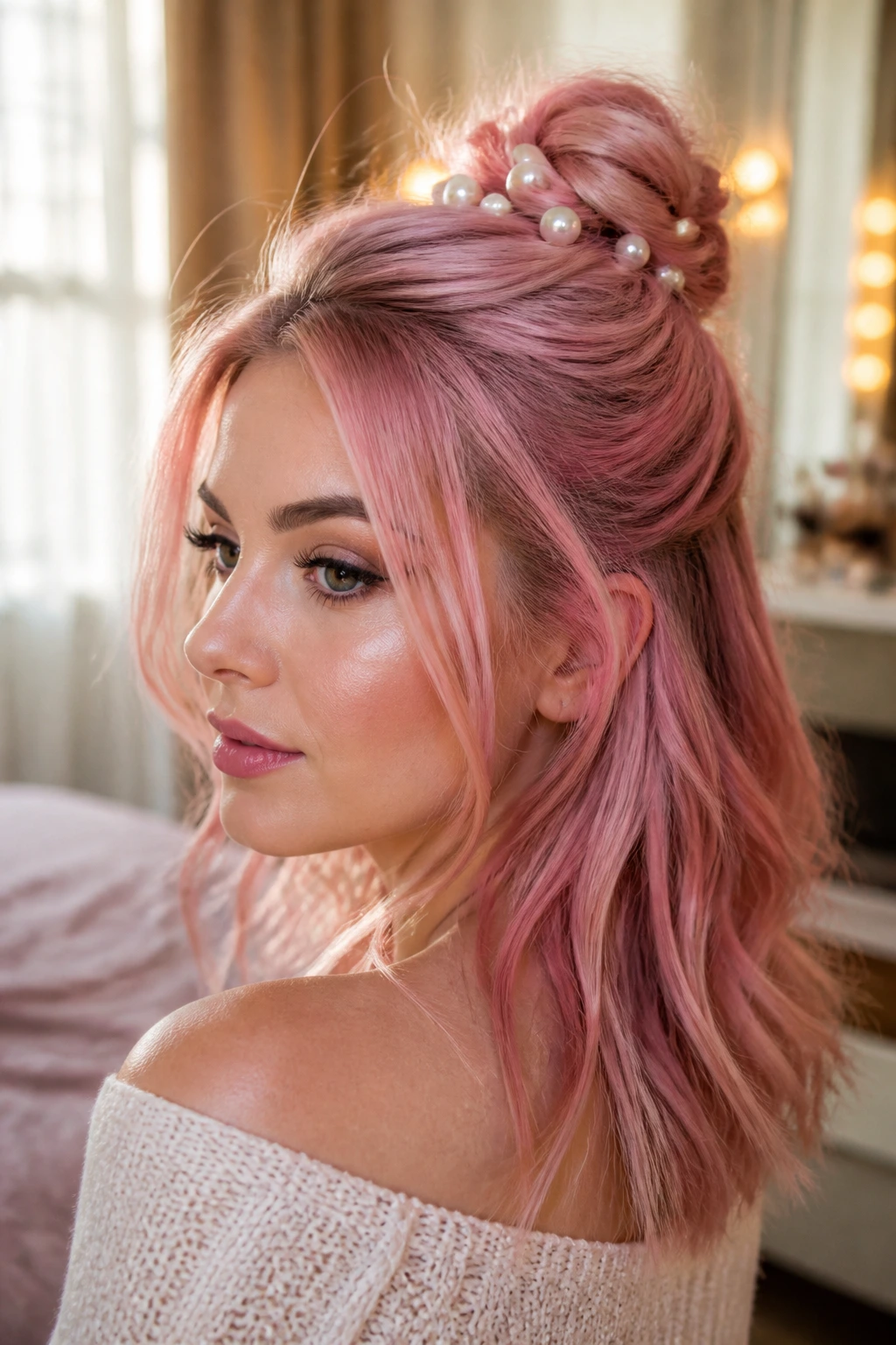 Close-up of a rose pink half-up bun with pearl studs on a real woman