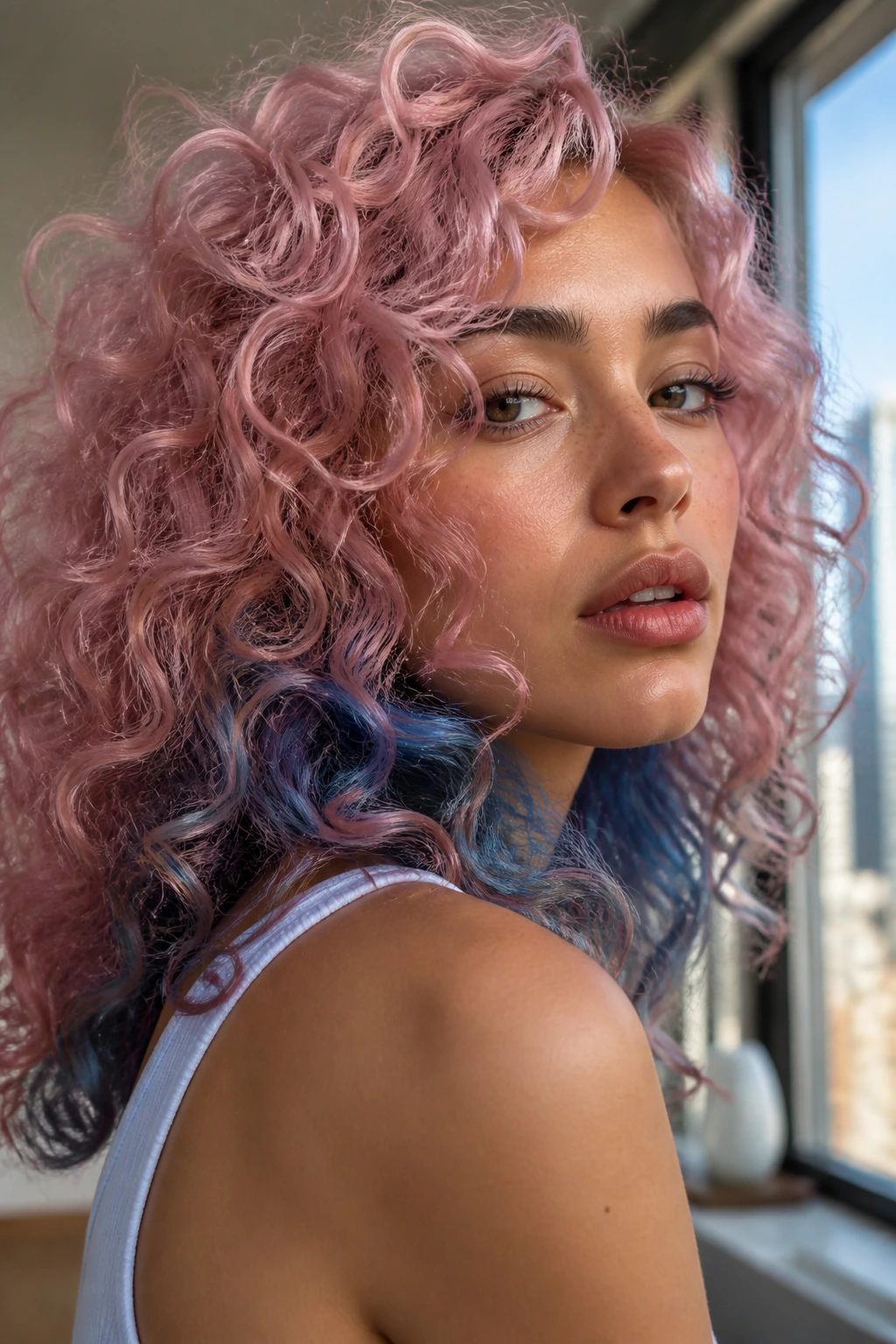 Close-up of rose quartz hair with electric blue underlayers visible as curls move.