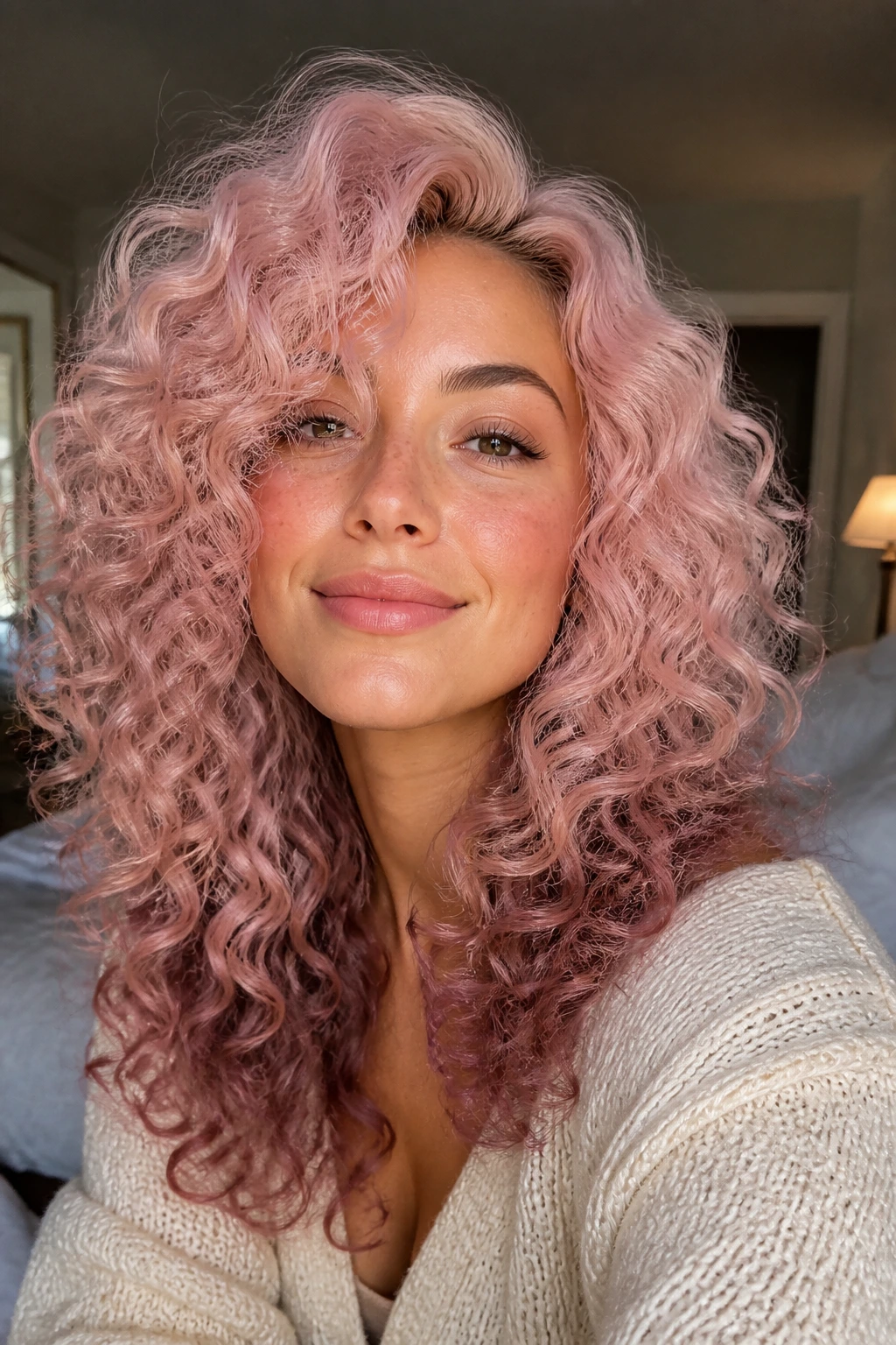 Close-up of real woman with soft rose quartz curls and darker tips