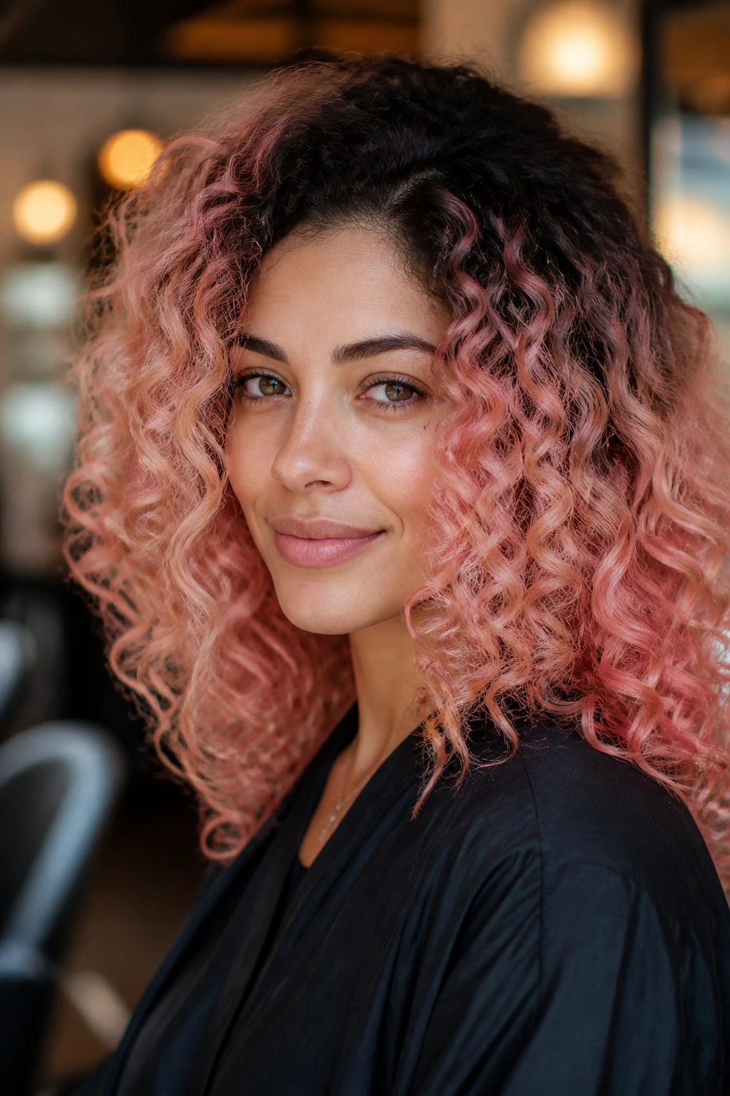 Close-up of a real woman with natural roots blending into rose quartz curls in warm salon light