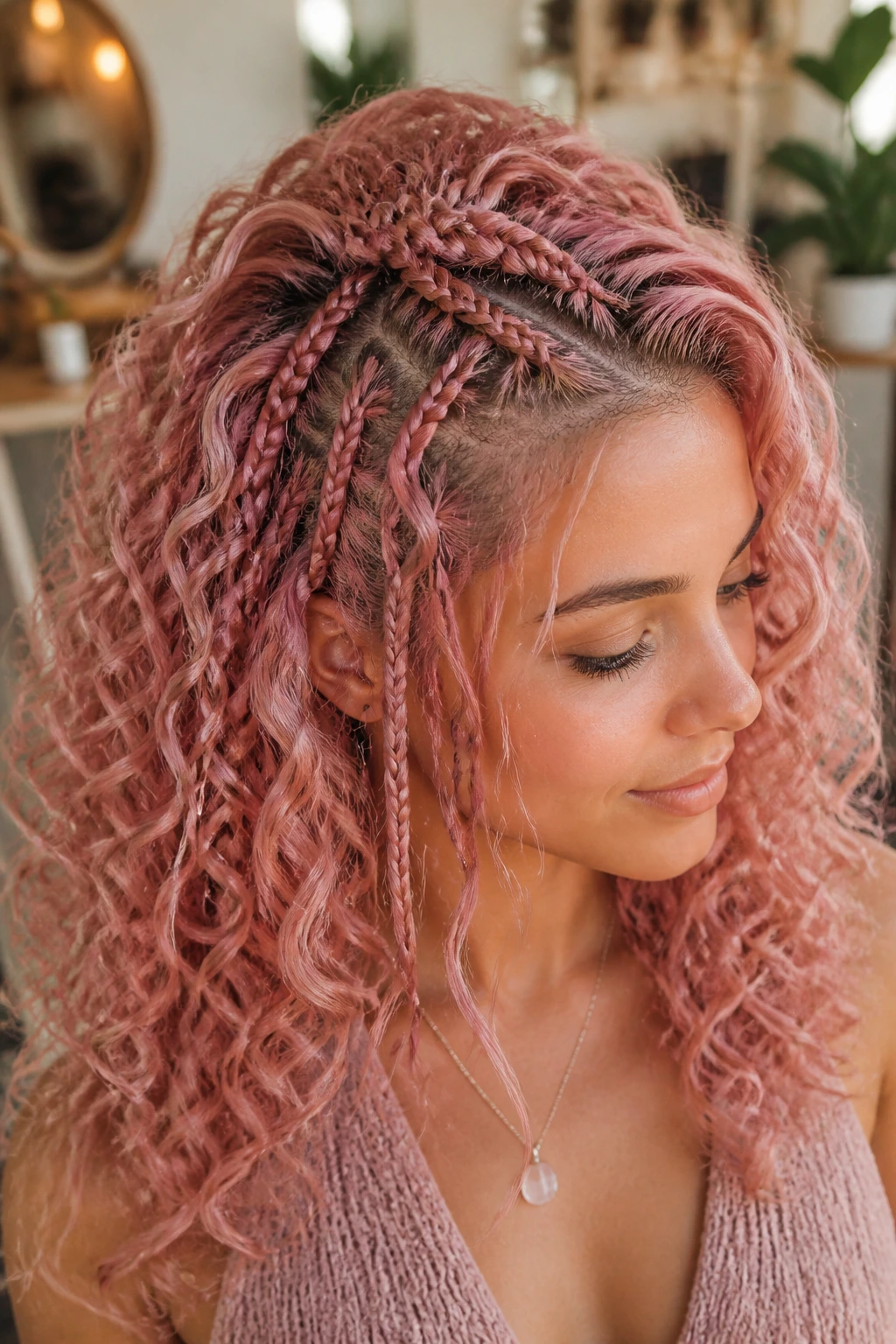 Close-up portrait of a real woman with rose quartz hair and braided accents in a sunlit salon.