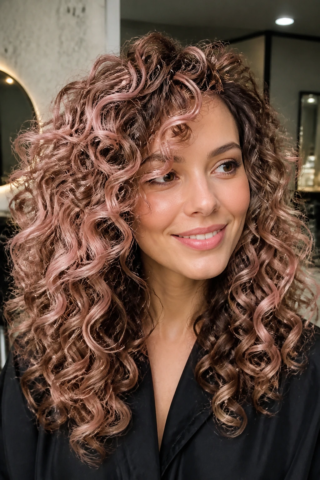 Close-up of a real woman with rose quartz highlights and lowlights in curls