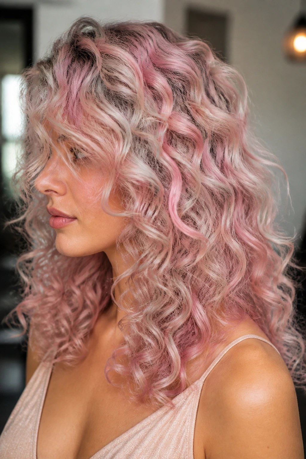 Close-up of marbled rose quartz curls in pink, silver, and cream tones.