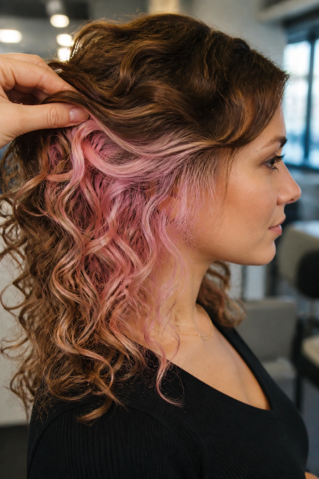 Close-up of a real woman with rose quartz peek-a-boo layer hairstyle