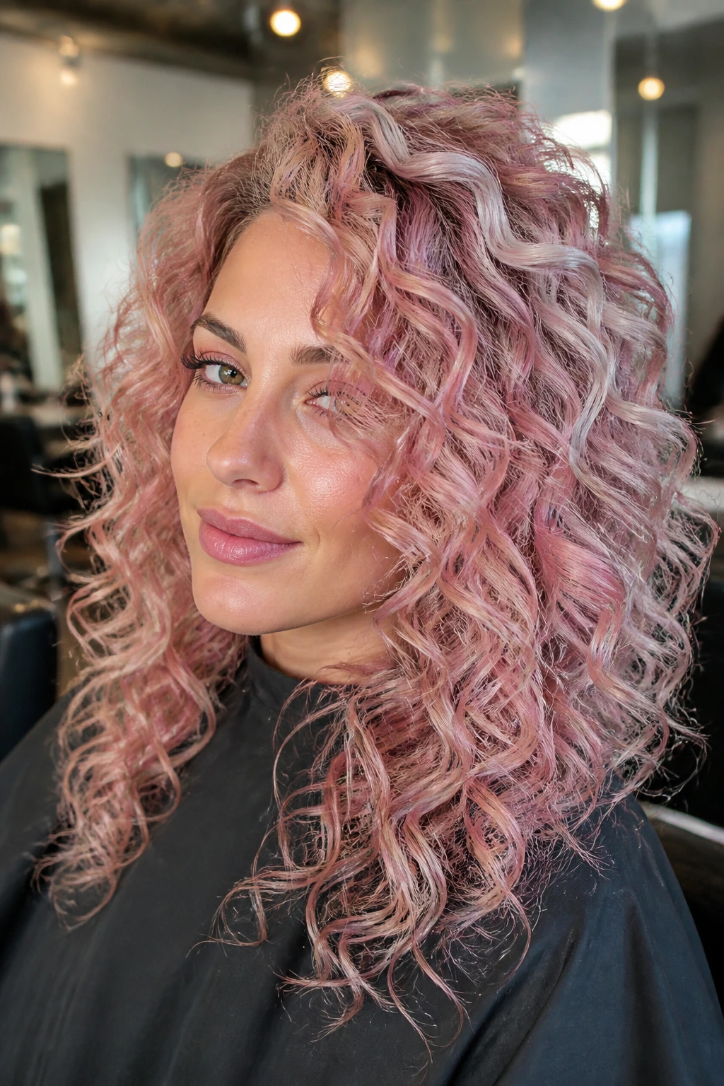 Close-up of rose quartz hair with silver babylights on a real woman.