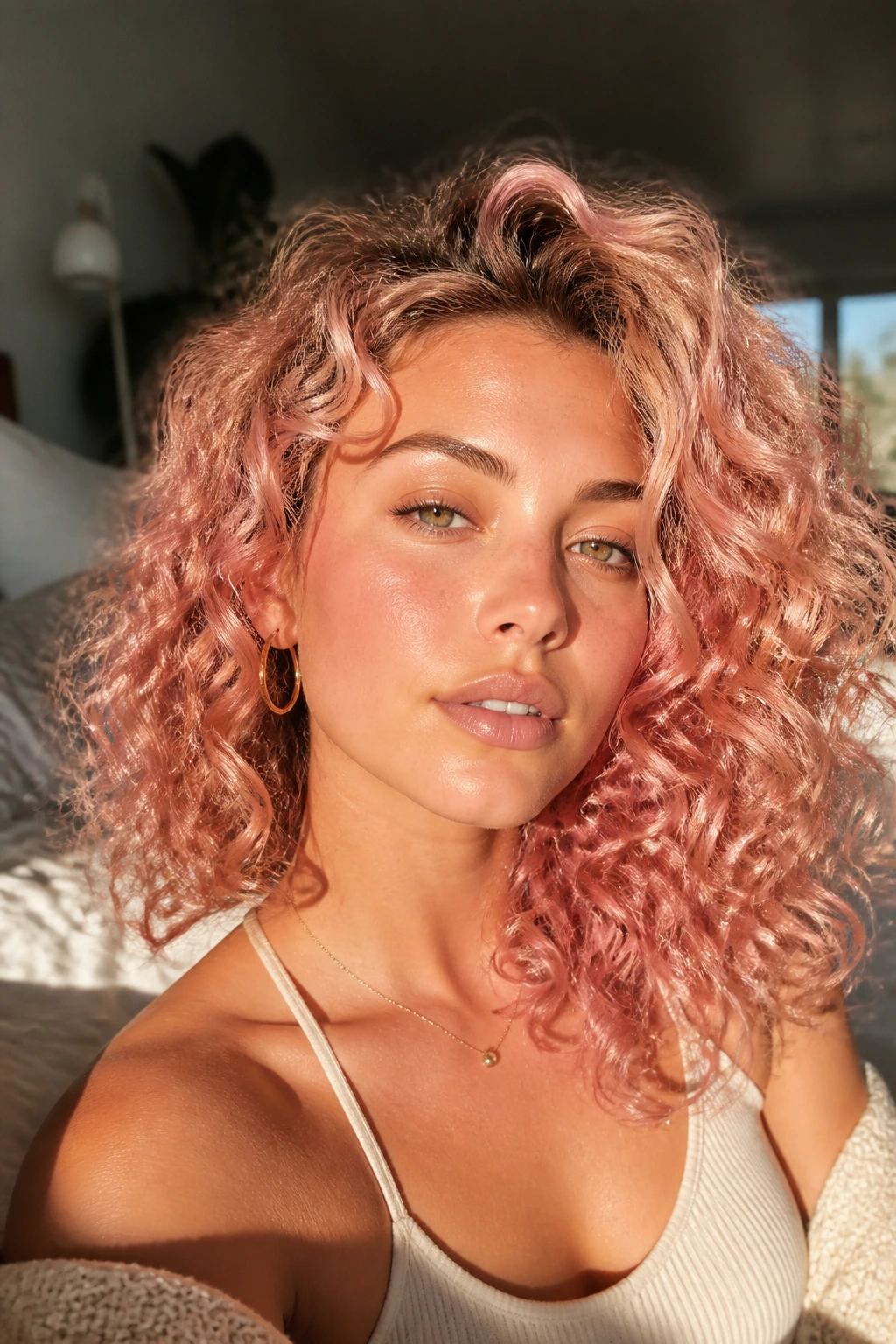 Close-up of sun-kissed rose quartz hair with gold highlights on a real woman.