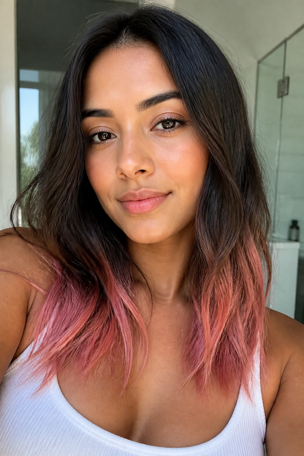Close-up of hair tips dip-dyed nude pink rose quartz