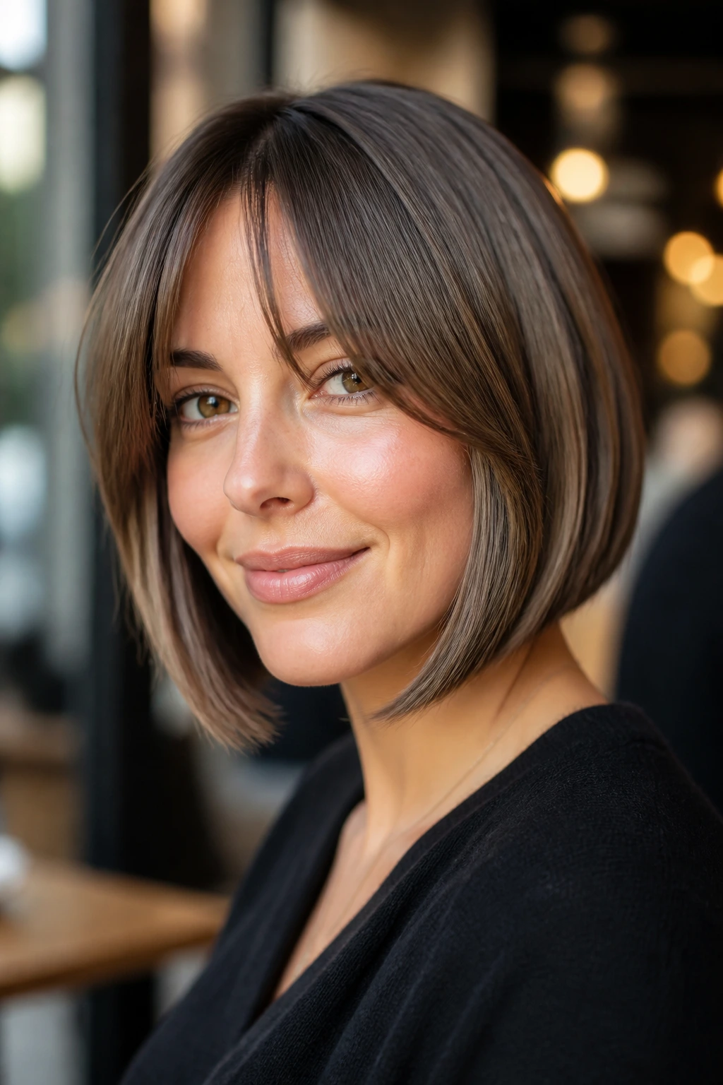 Close-up of a woman with a rounded A-line bob and soft bangs under cafe window light.