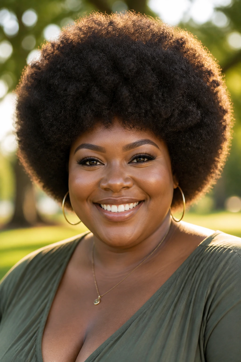 Close-up portrait of a person with a rounded Afro halo in a sunlit park.