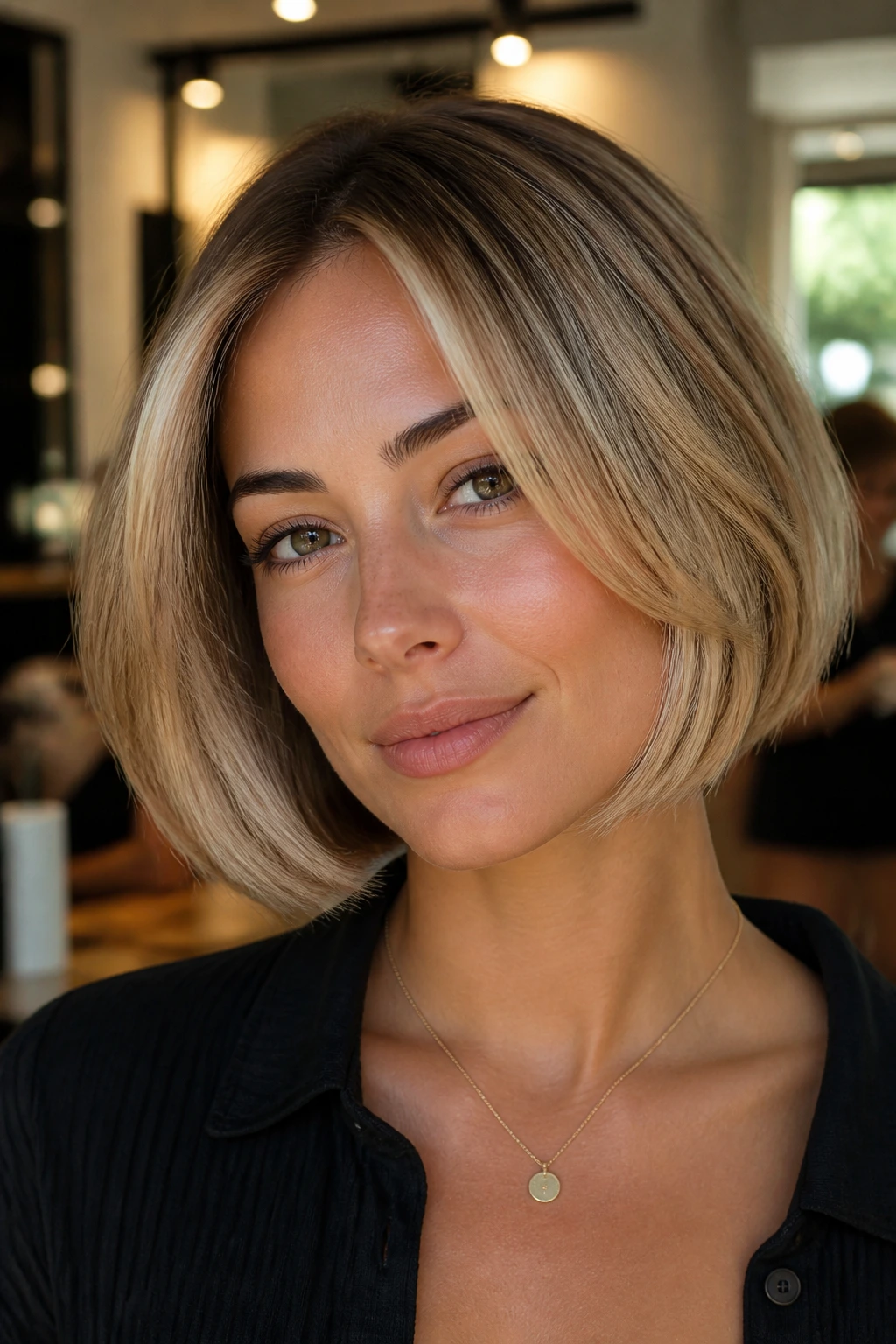 Close-up of a woman with a chin-length rounded bob and champagne blonde highlights.