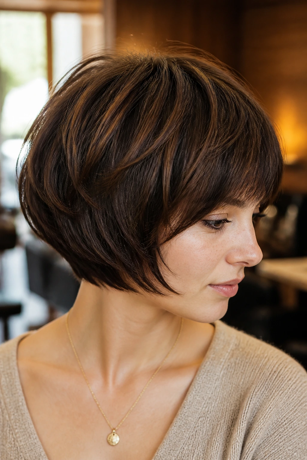 Close-up portrait of a real woman with a deeply layered rounded bob in a warm salon setting