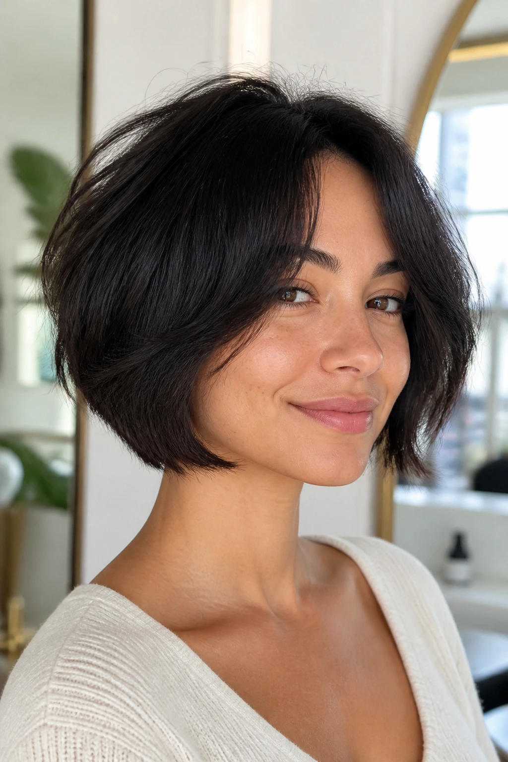 Portrait of a real person with a textured rounded bob and soft jawline layers.