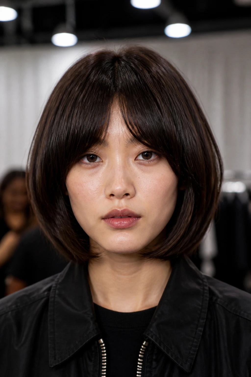 Close-up of a real person with a rounded bowl-shaped lob at shoulder length