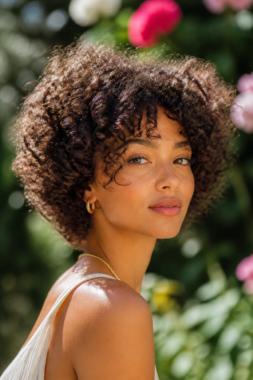 Close-up of a real woman with a rounded halo of curls around the head