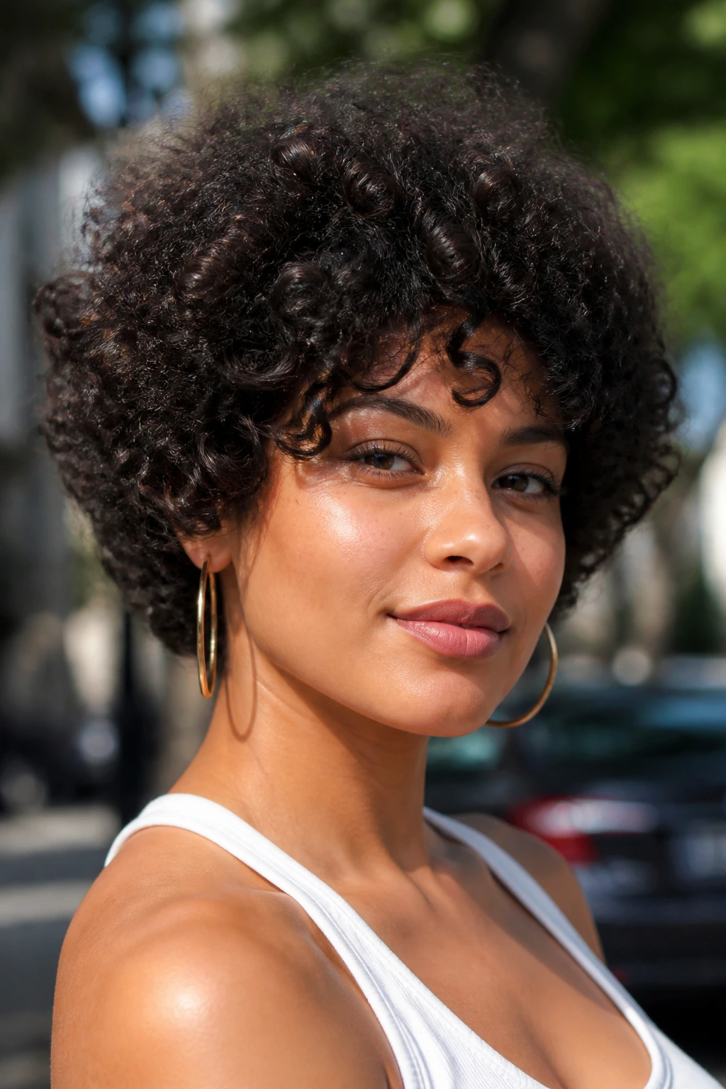 Close-up of a woman with a short rounded curly crop