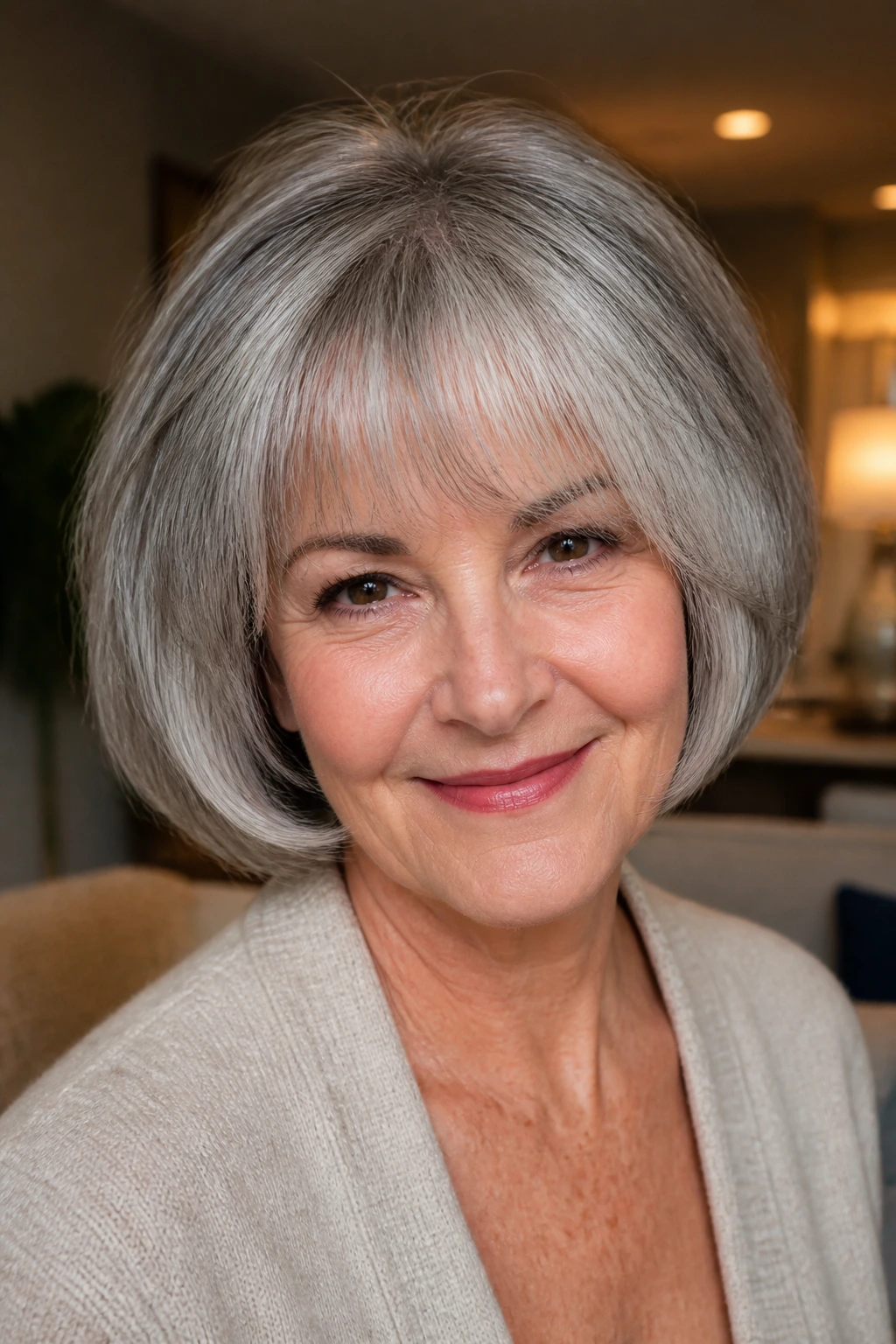 Portrait of a real woman with rounded cut and wispy bangs in soft light