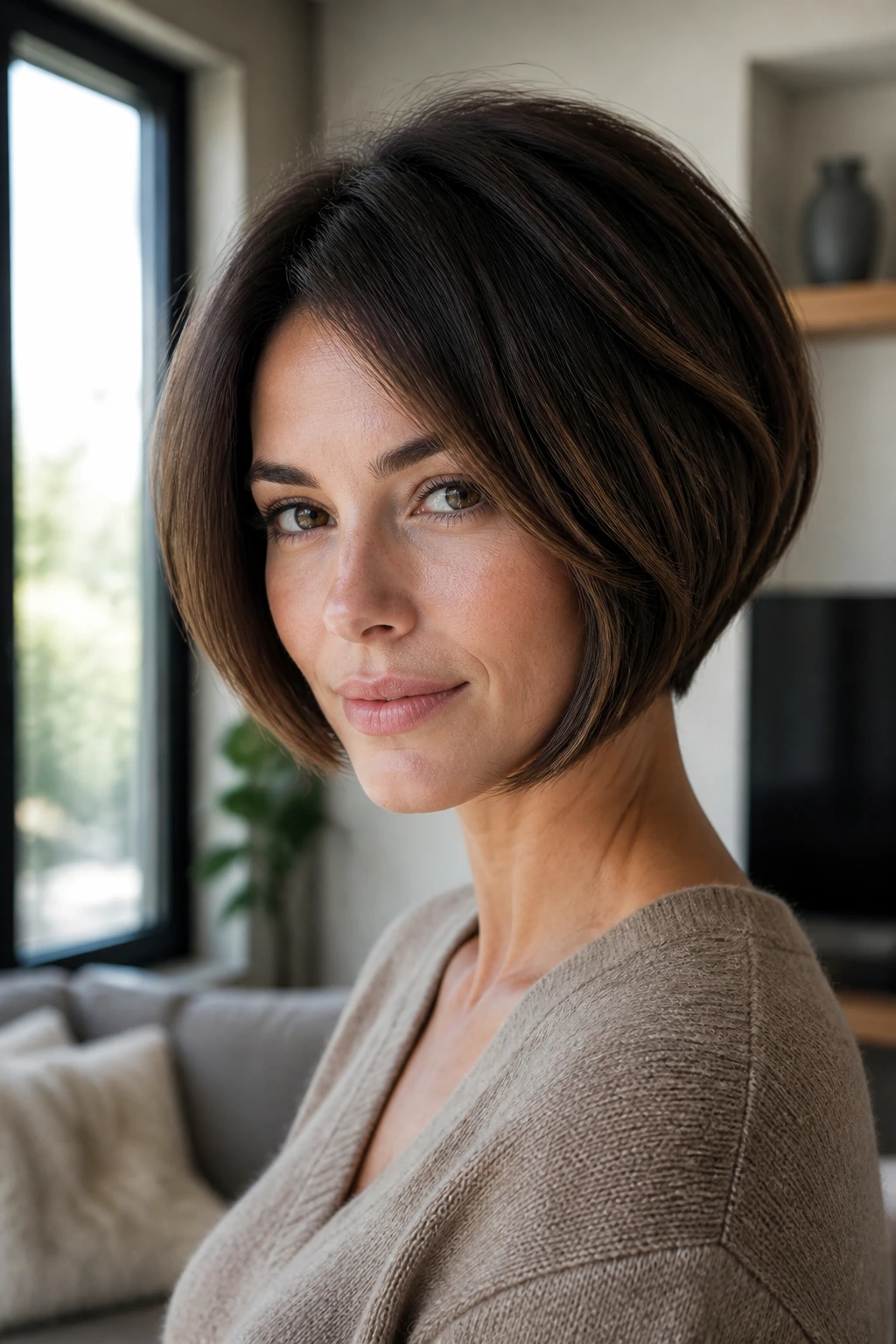 Close-up of a real woman with a rounded graduation bob.
