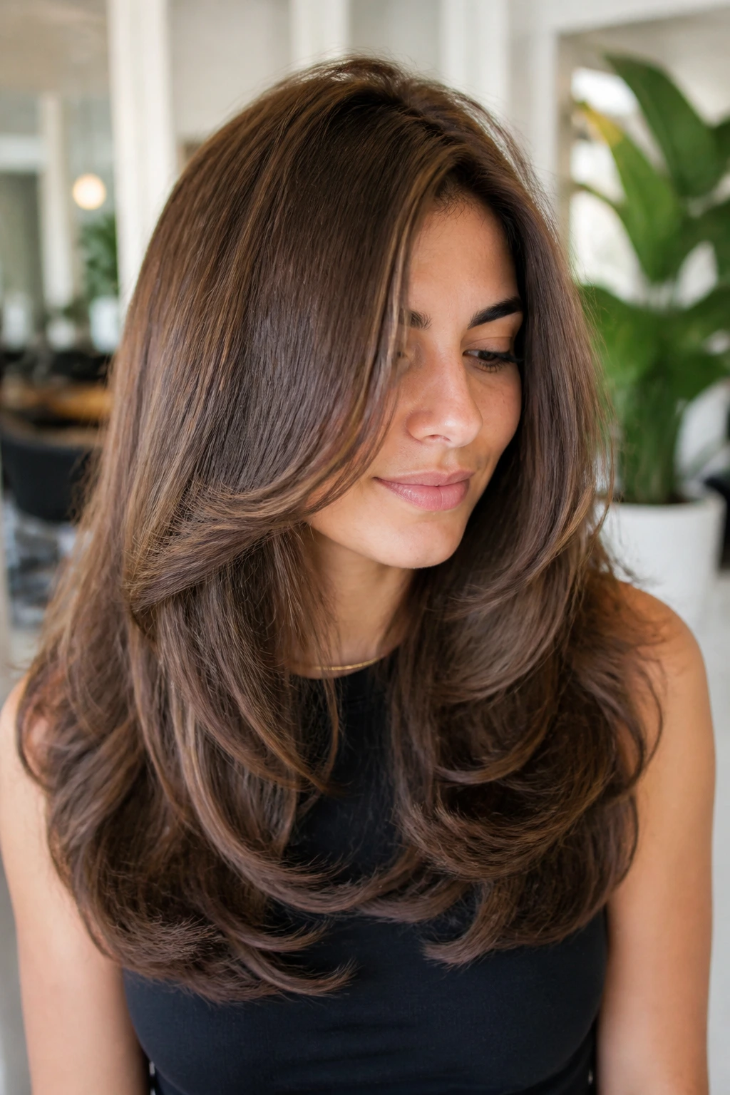 Close-up portrait of a woman with rounded internal layers hairstyle