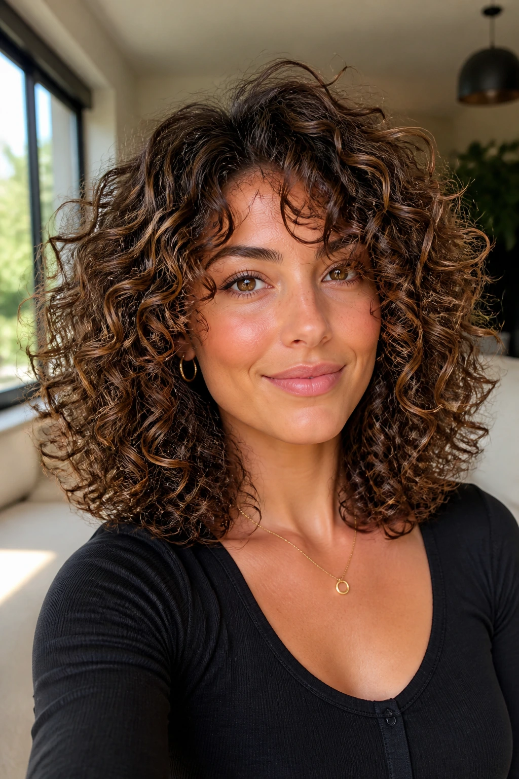 Close-up portrait of a real woman with a rounded layered cut shaping an oval silhouette