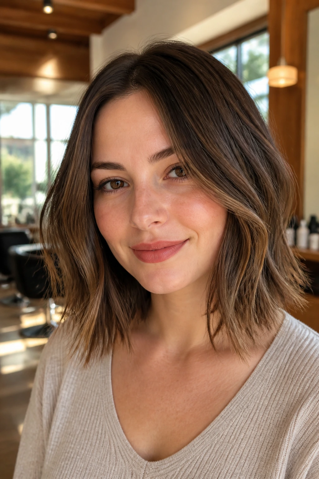 Close-up of a real woman with rounded long bob and textured ends in a sunny salon