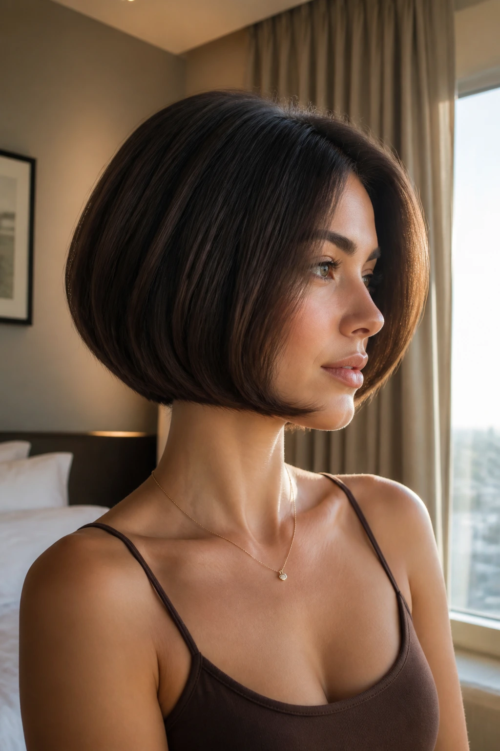 Real person wearing rounded mushroom bob hairstyle, brunette