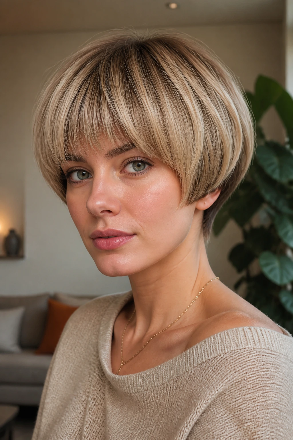 Close-up of a woman with rounded mushroom bob and creamy blonde highlights