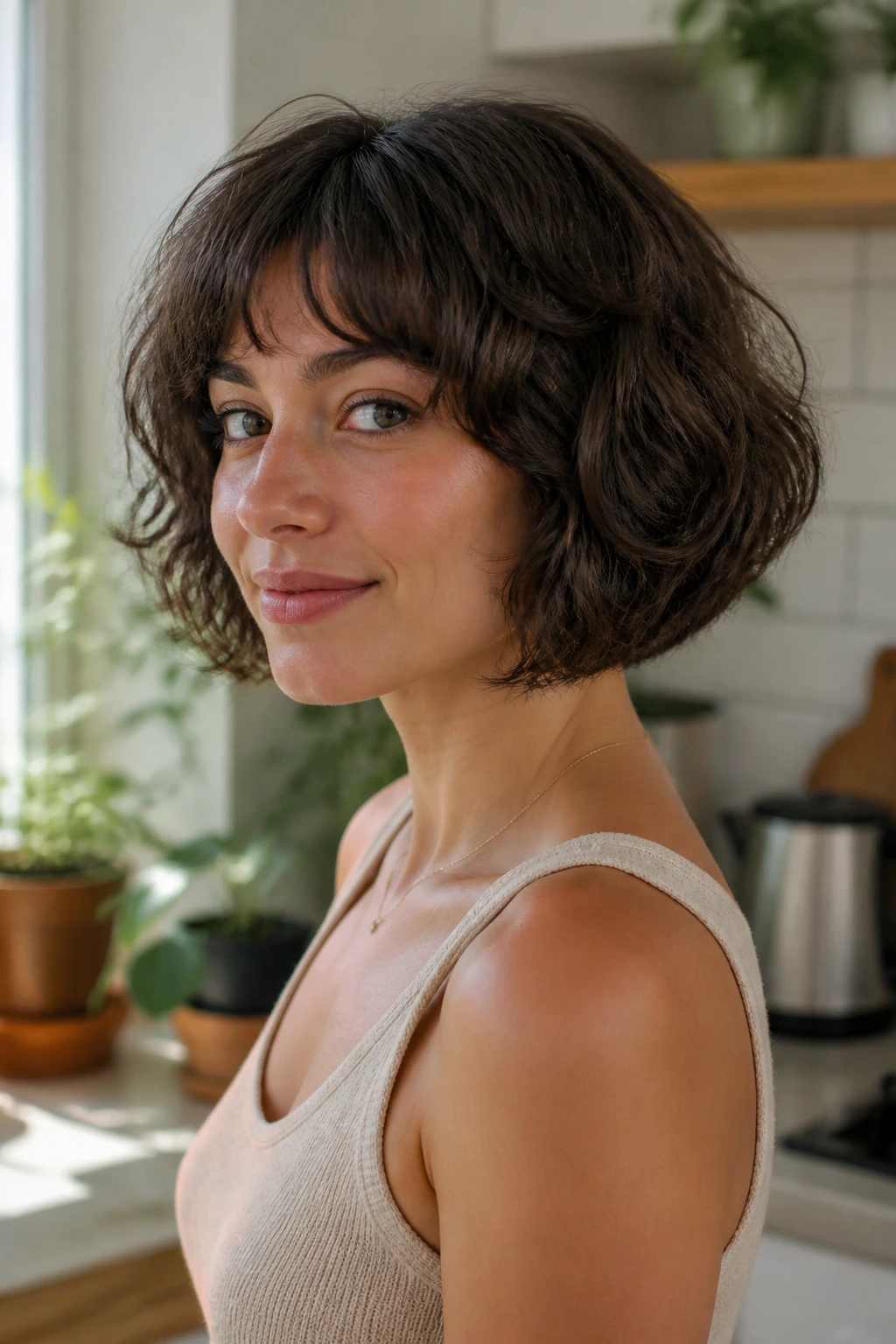 Close-up of a real woman with rounded mushroom bob showing crown volume
