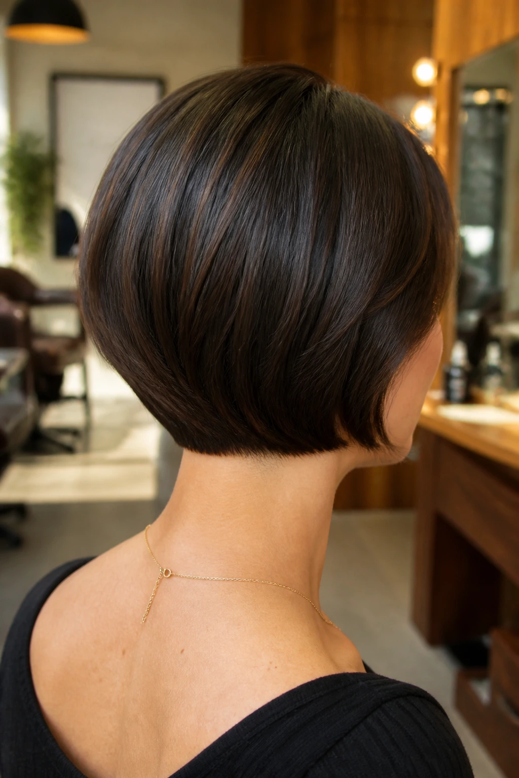 Back view of a real woman with a rounded nape bob.