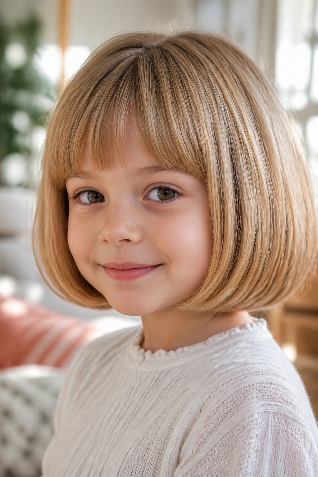 Close-up of a real child with a rounded pageboy hairstyle