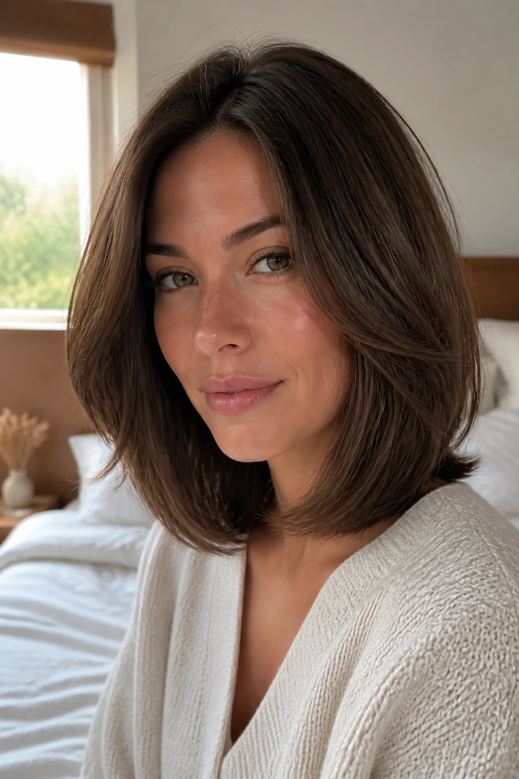 Portrait of a real person with a rounded V-cut