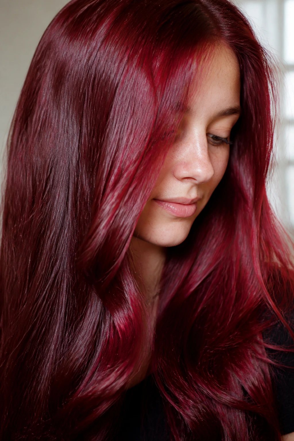 Close-up of a real person with ruby red glossy hair.