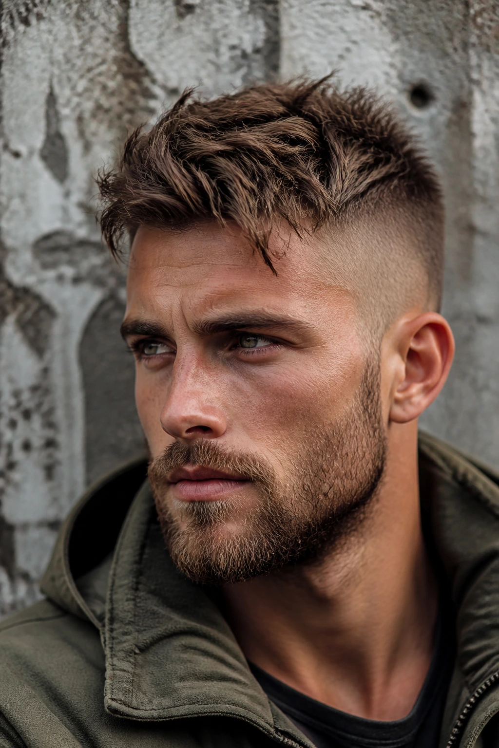 Close-up portrait of a man with a rugged undercut, textured top and short sides outdoors.