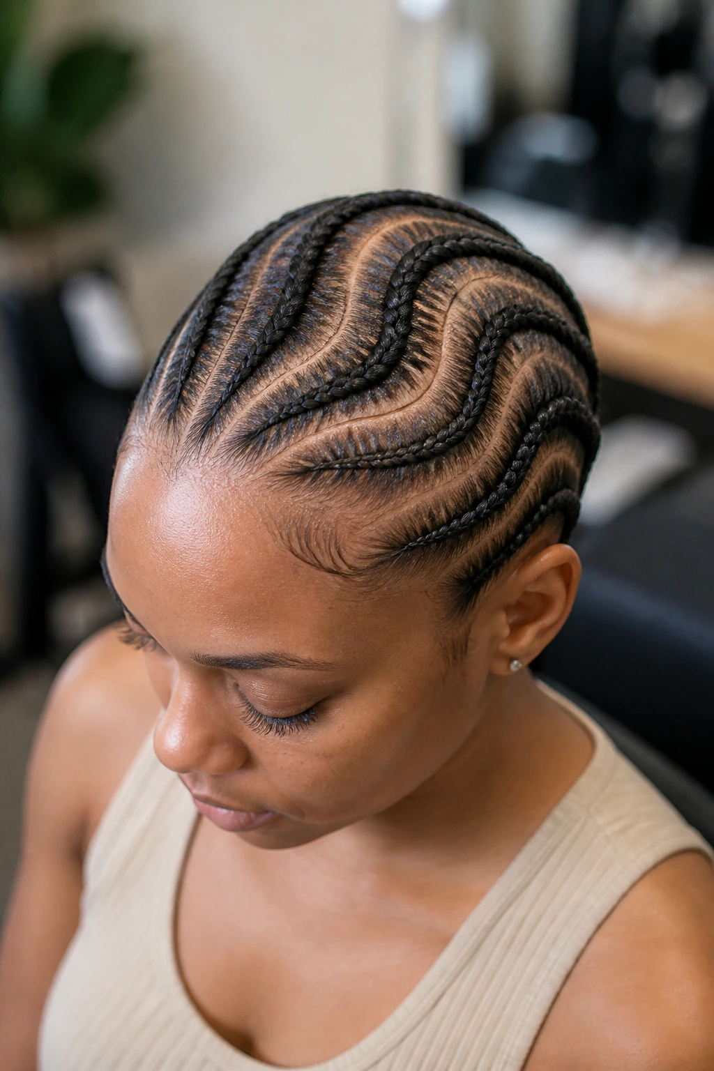 Close-up of four cornrows forming an S-shaped path on the scalp