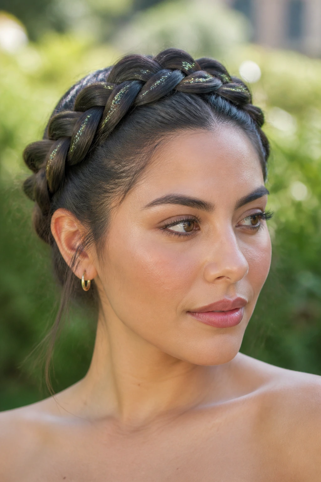 Latina woman with sage glitter on Dutch braid crown