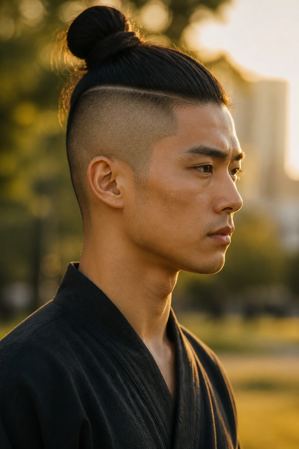 Asian man with high-contrast samurai bun and shaved sides