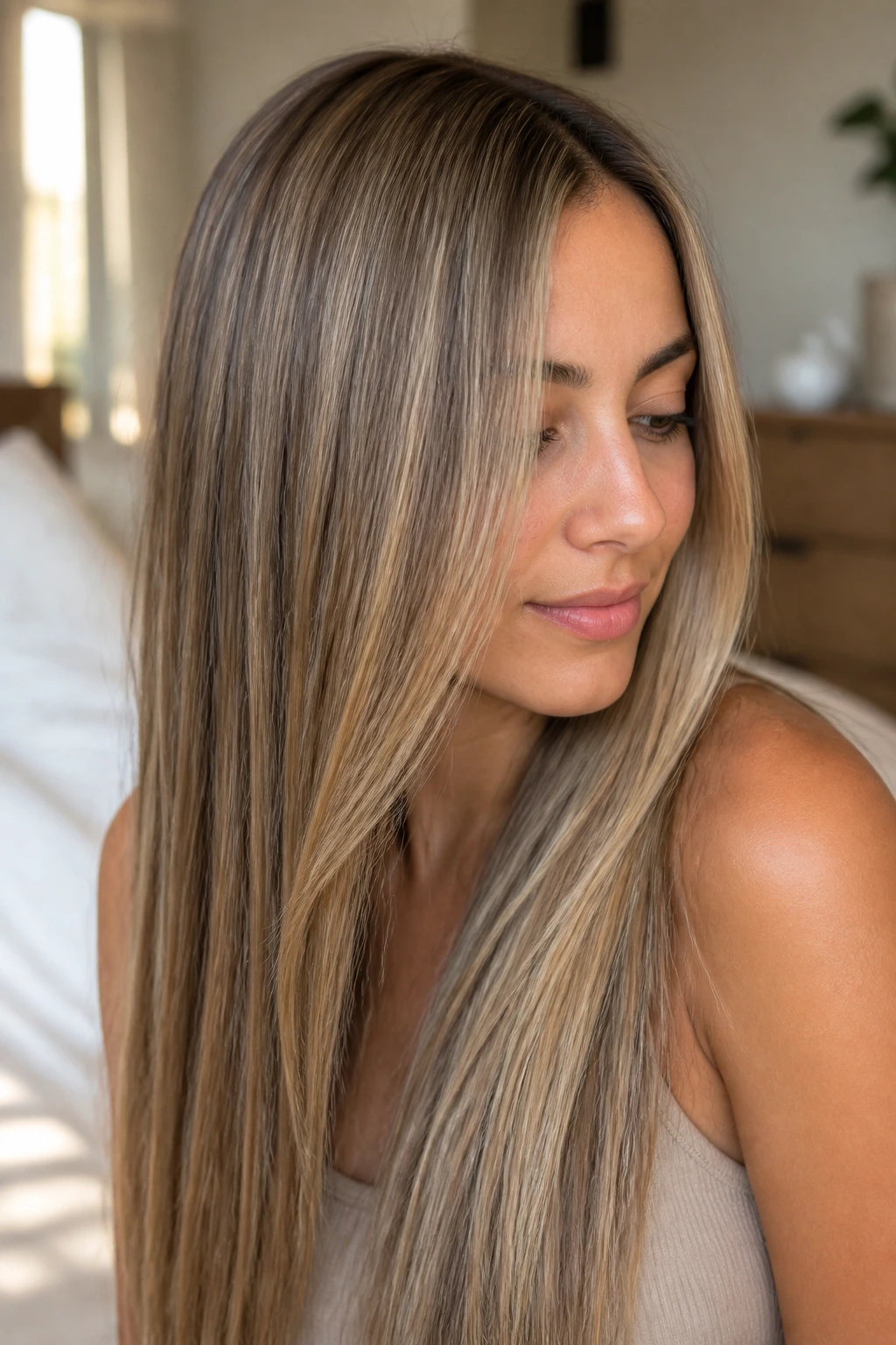Close-up portrait of a real woman with sandstone highlights in straight hair, warm window light.