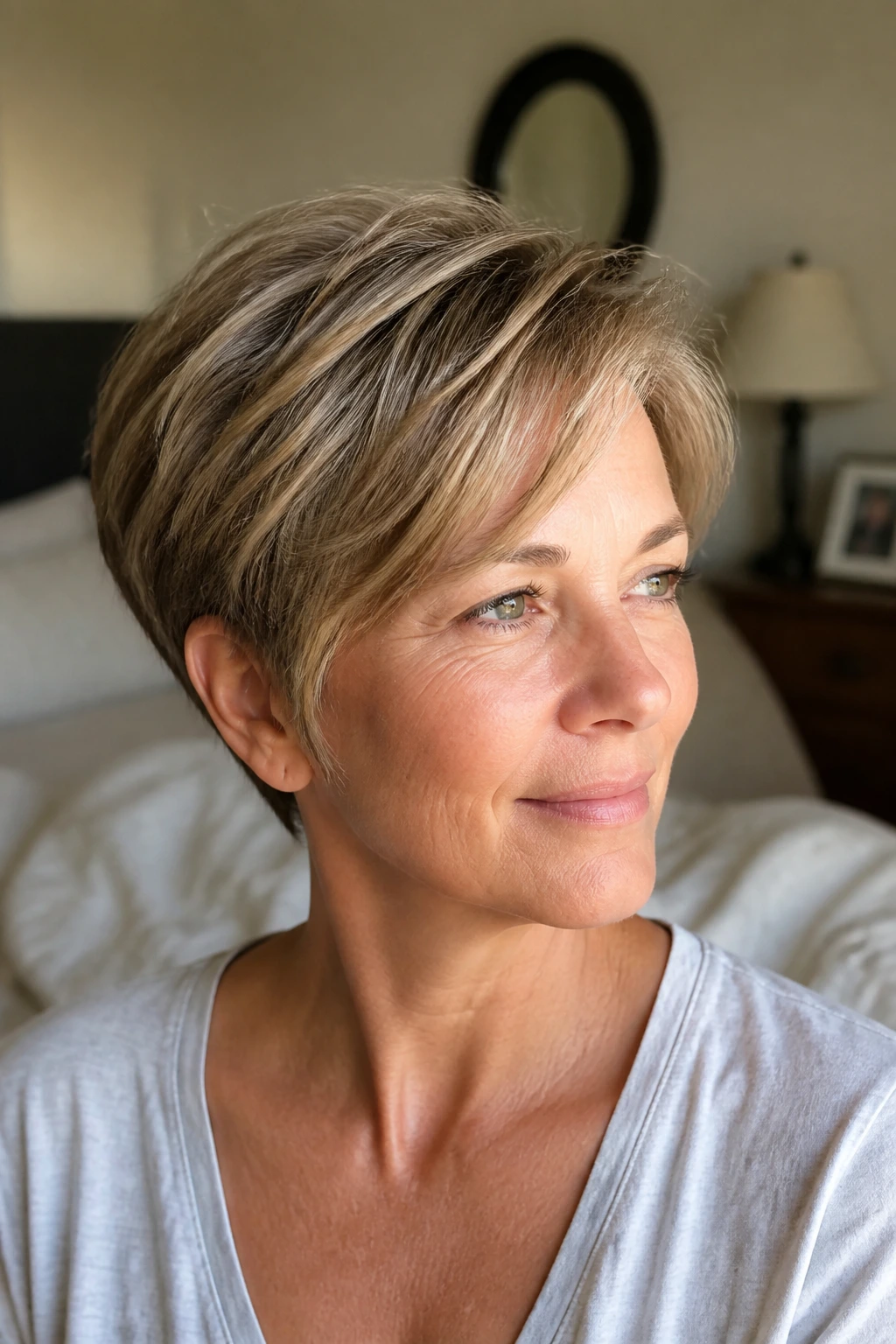 Close-up of fine-textured hair with sandy-blonde frosting on a real person