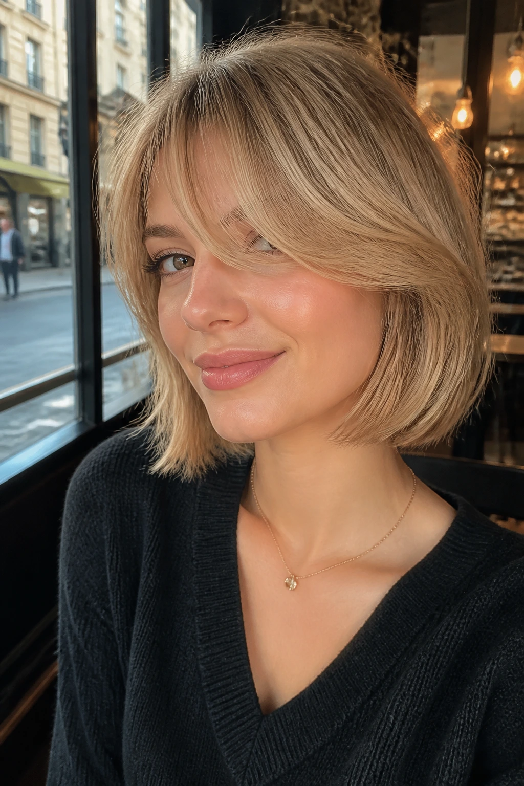 Close-up of a woman with sandy blonde hair and side-swept curtain bangs