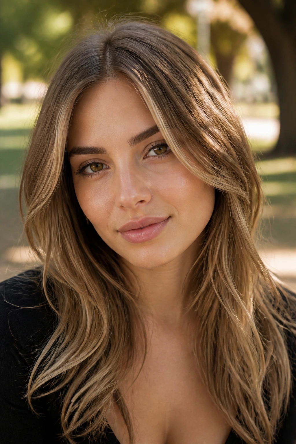 Close-up portrait of a real person with sandy brown hair and subtle front balayage.