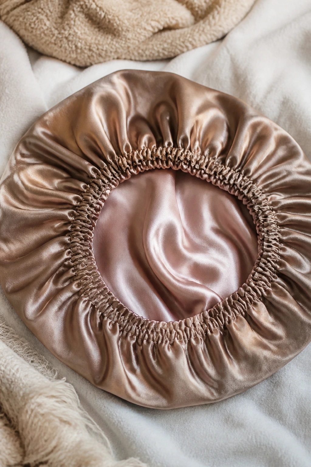 Close-up of satin-lined bonnet on soft bedding