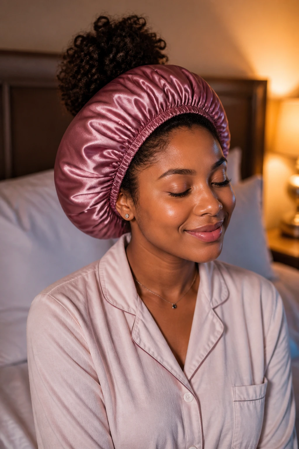 Portrait of a person wearing a satin bonnet during night with curls tucked inside