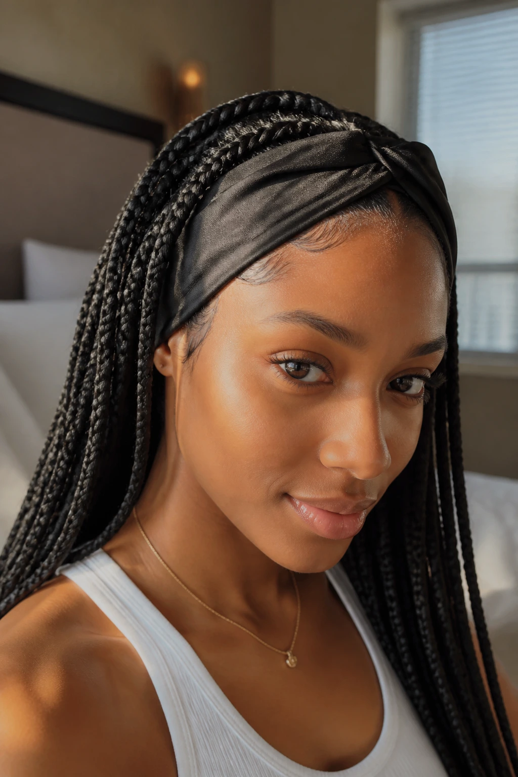 Close-up of a real woman wearing a satin-lined headband over protective braids.