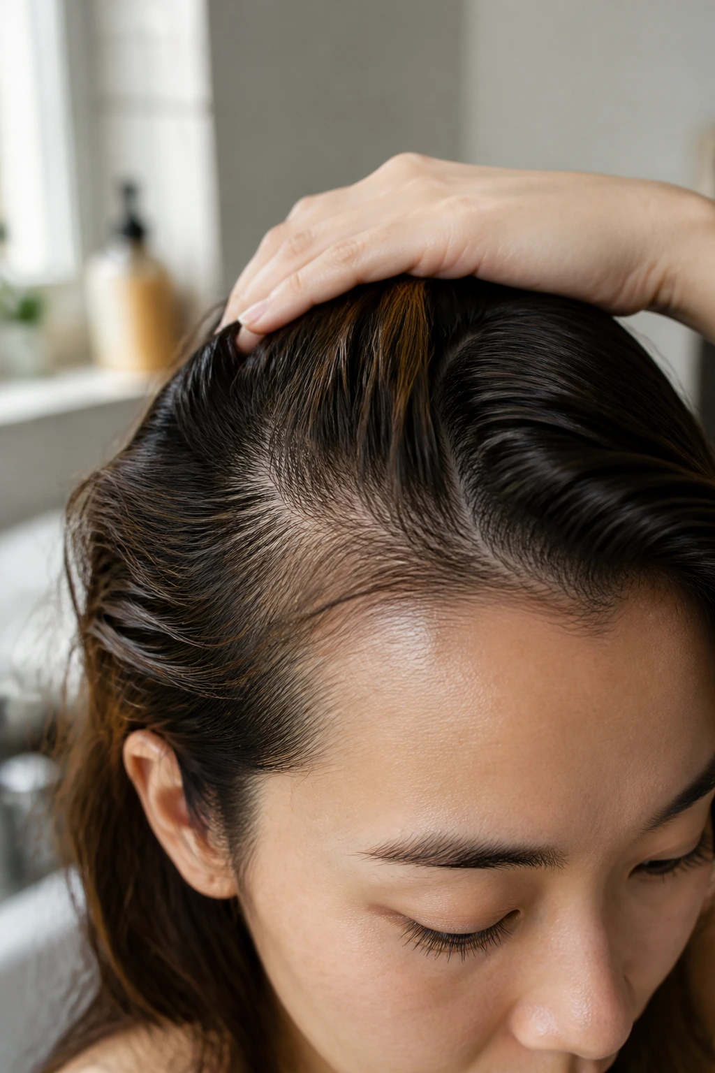 Close-up portrait of a real person showing a healthy scalp with lifted roots for volume