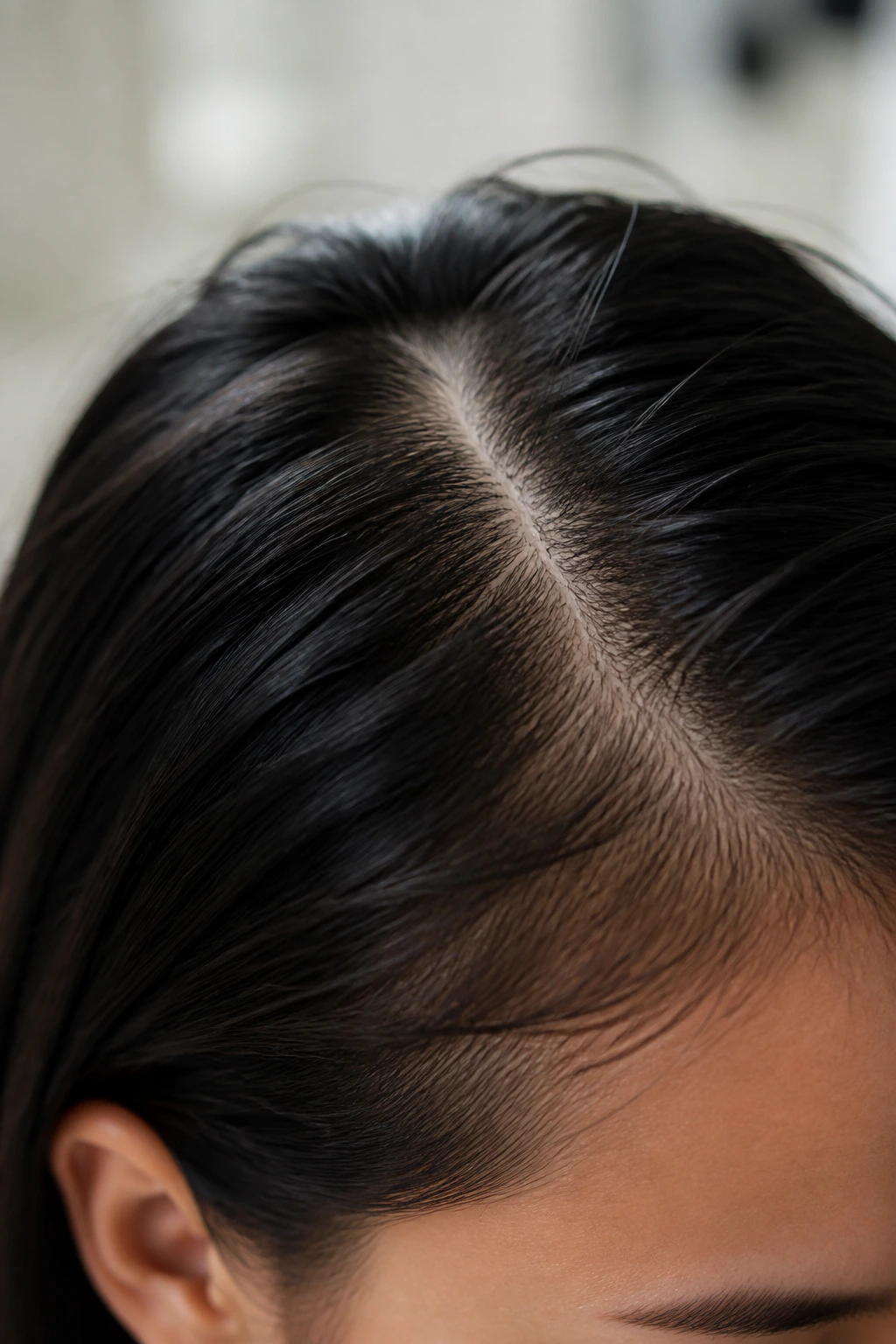 Close-up of scalp with healthy roots visible through parted hair.